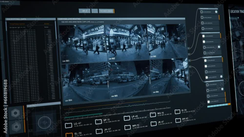 Computer software broadcasting live feed from the cameras in the town. Computer software is spying on people using the cameras. Computer software tracking the movement of people through cameras. UI.