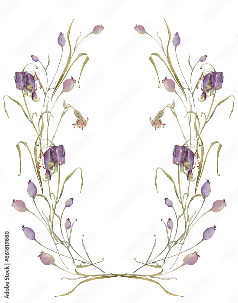 Naklejka premium Watercolor autumn floral frame. Hand drawn watercolor fall frame with dry flowers