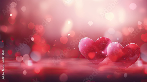 Abstract red bokeh with hearts background.Valentines day celebration. Valentine's Day banner, copy space.