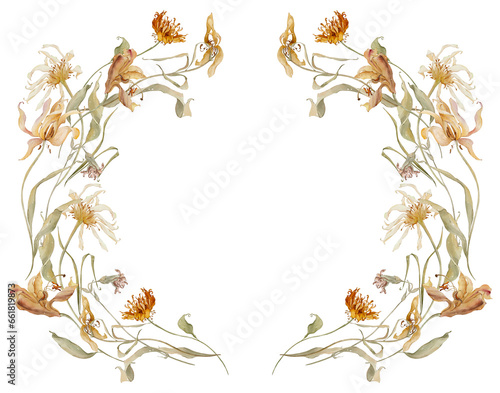 Watercolor autumn floral frame. Hand drawn watercolor fall frame with dry flowers