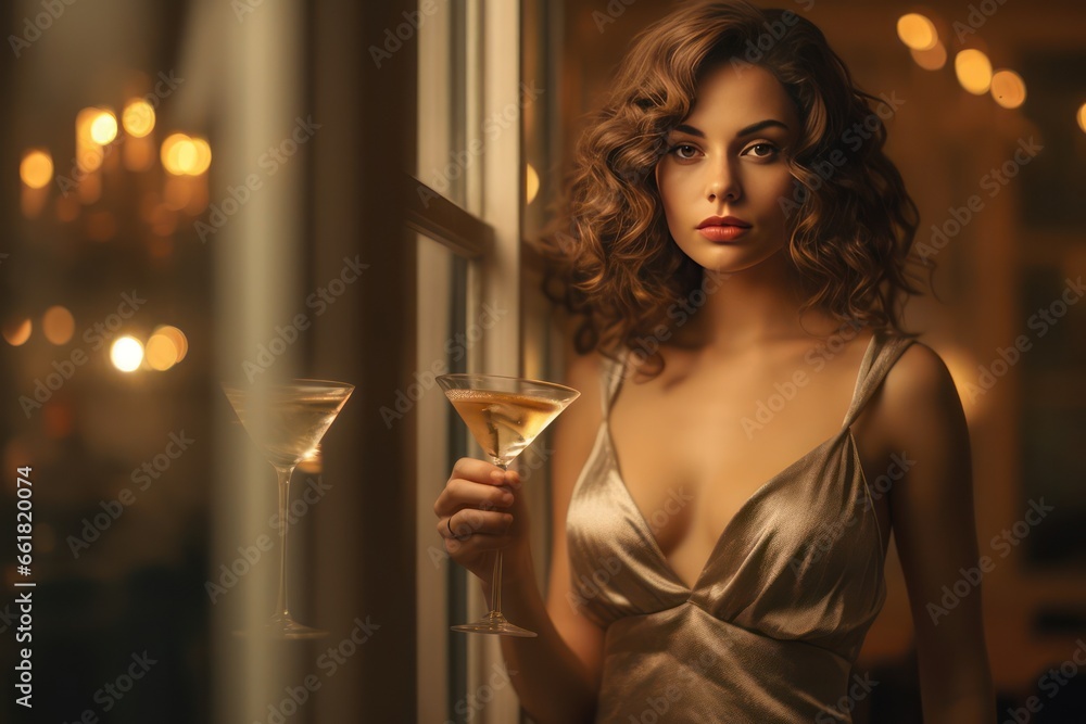 fashion interior photo of beautiful sensual woman with dark curly hair in elegant dress posing with martini glass