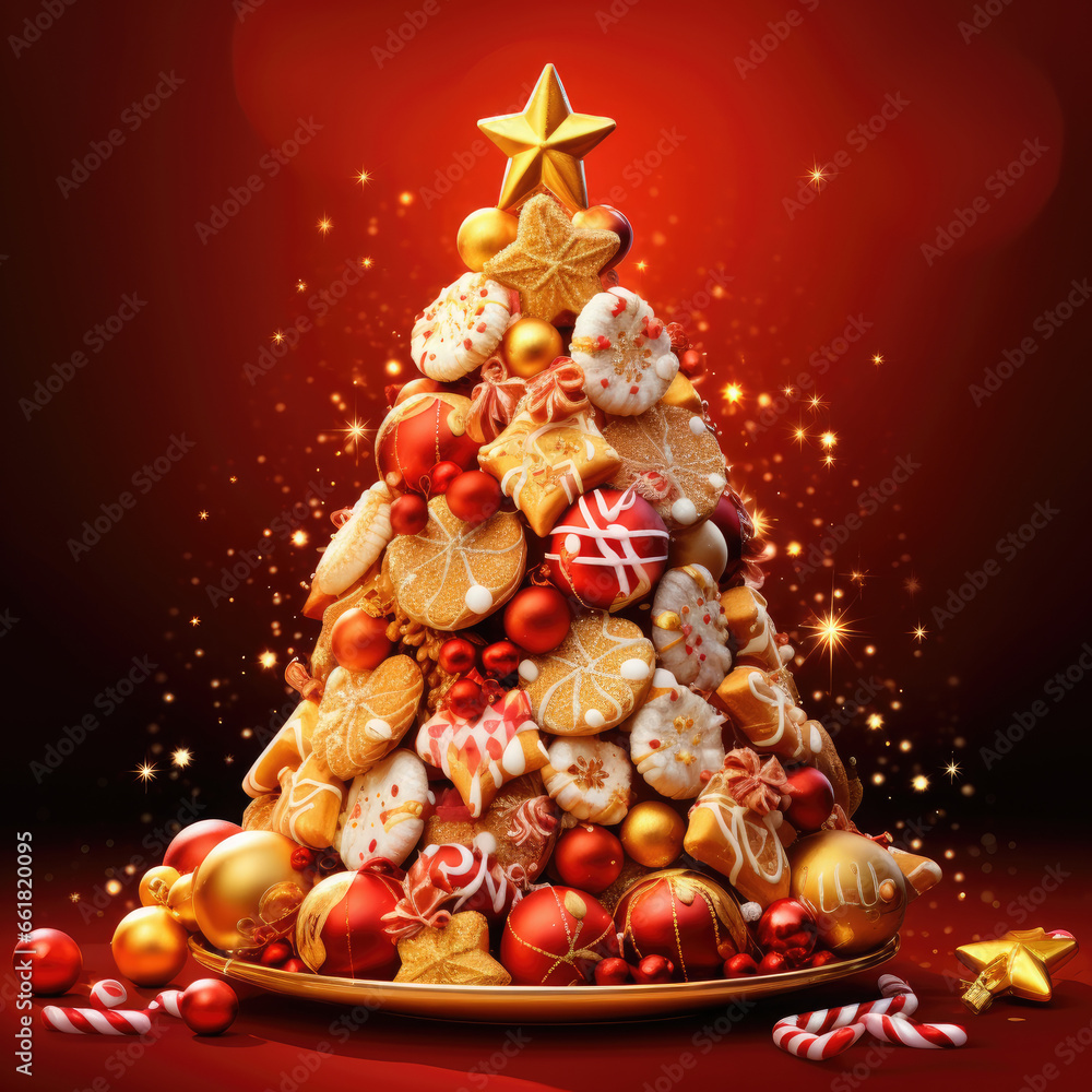 3d Christmas trees with outstanding golden sparkles, gifts and decorations on a bright, vibrant, dark red background for Christmas cards, backgrounds, banners