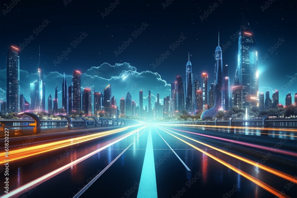 A futuristic city aglow, with luminous highways in the dark