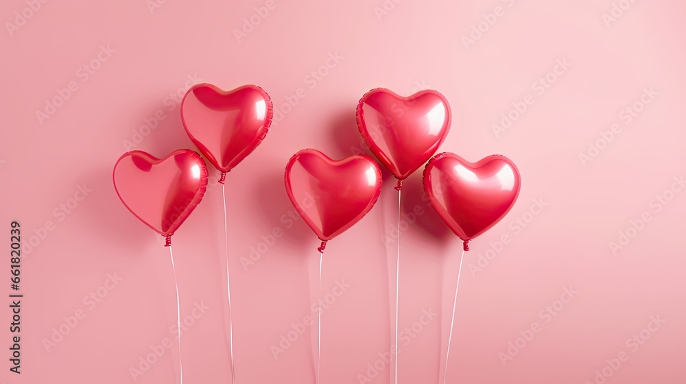 Red heart shaped helium balloons on red background.  Valentine's Day party decoration. Valentines day celebration. Valentine's Day banner, copy space.