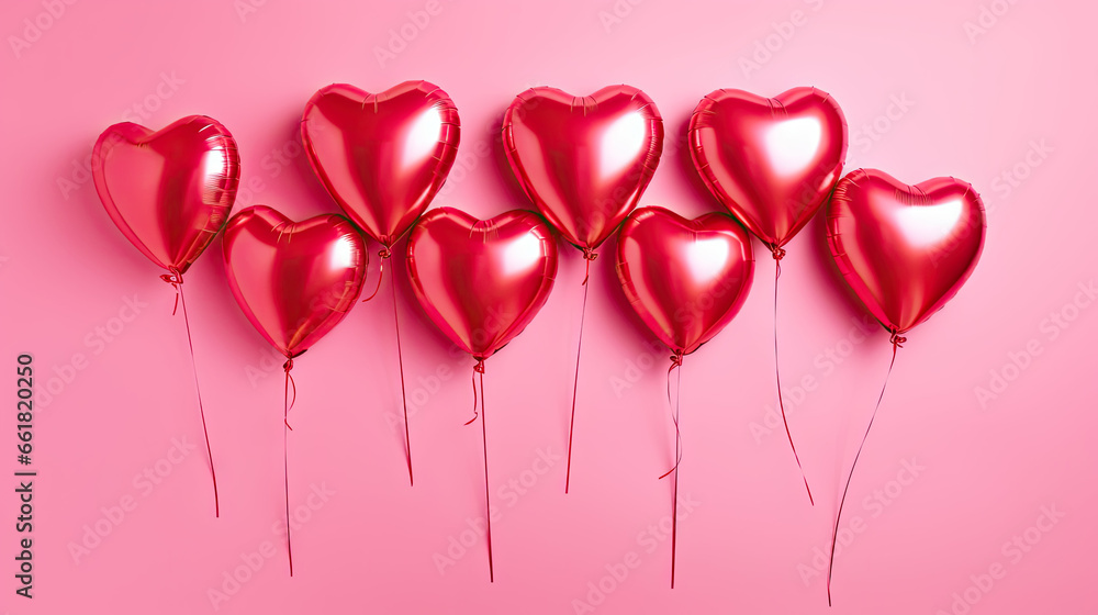 Red heart shaped helium balloons on red background.  Valentine's Day party decoration. Valentines day celebration. Valentine's Day banner, copy space.