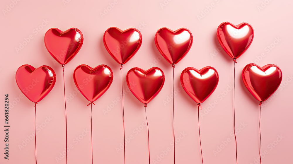 Red heart shaped helium balloons on red background.  Valentine's Day party decoration. Valentines day celebration. Valentine's Day banner, copy space.