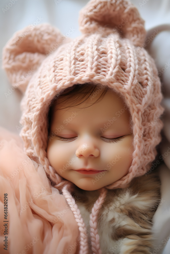 Sweet and Snug, Darling newborn baby sporting a cozy knit hat with cute cat ears Sweet and Snug, Darling newborn baby sporting a cozy knit hat with cute cat ears