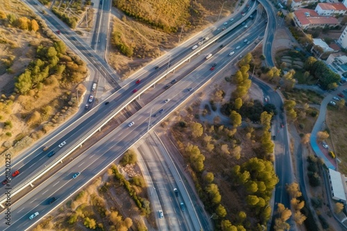Spanish road traffic aerial view. Generative AI