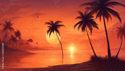 Sunset over the sea beach with palm trees in the shore.