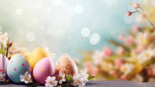 easter decoration, colorful easter eggs illustration background, ai generated