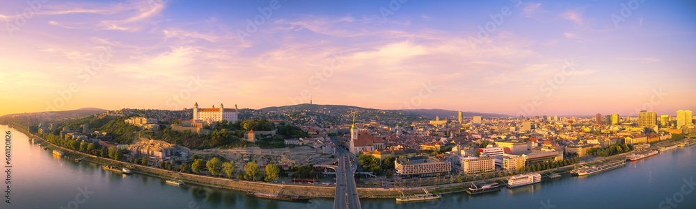 The capital Bratislava before sunset in a wide panorama, Slovakia