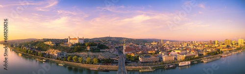 The capital Bratislava before sunset in a wide panorama, Slovakia