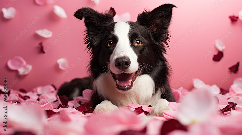 Border collie with rose flowers and petals around, Valentine's Day concept, Valentine dog 