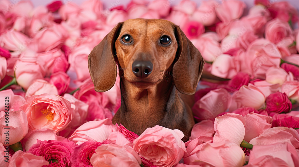 Dachshund dog  with rose flowers and petals around, Valentine's Day concept, Valentine dog 
