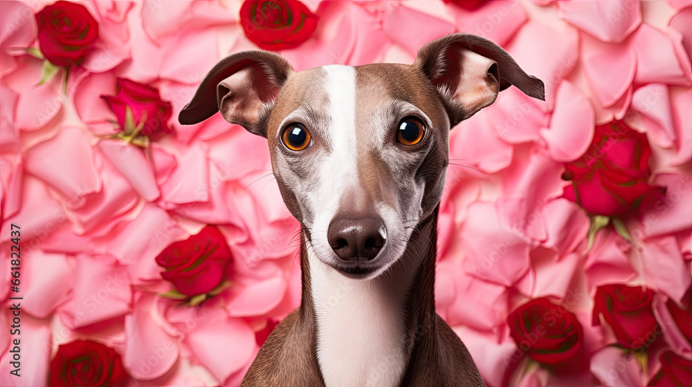 Greyhound dog  with rose flowers and petals around, Valentine's Day concept, Valentine dog 