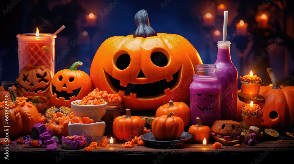 Orange pumpkin in a cart and scattered pumpkins on the background of the castle. Promotional illustration of a Halloween sale. Generative AI