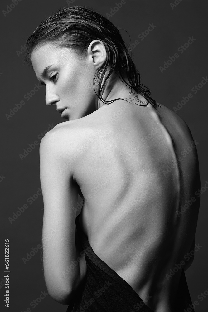 Black and white portrait. young wet woman. Beautiful sexy Girl with wet Hair Black and white portrait. young wet woman. Beautiful sexy Girl with wet Hair