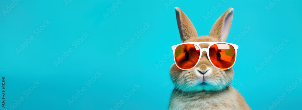 Fototapeta premium Cute easter bunny with sunglasses on blue background