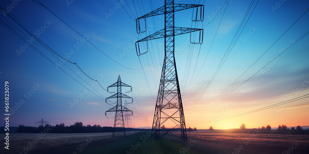 Epic Power Lines Background: Enchanting High Voltage Wonders of Our World generative AI