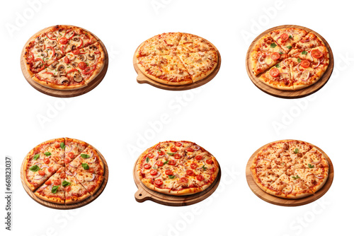 collection of fresh pizza on a wooden board isolated on a transparent background