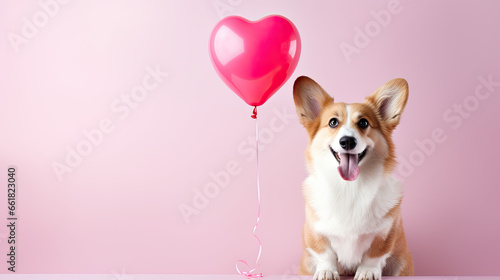 Corgi dog with heart shaped balloon, Valentine's Day concept 