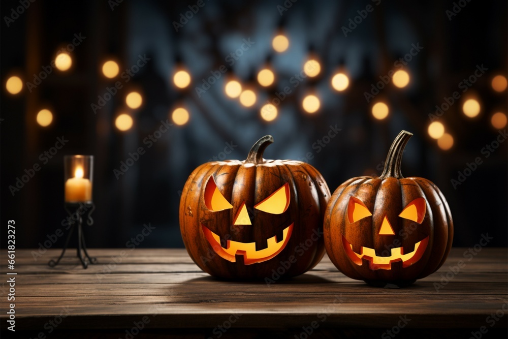 Fototapeta premium A spooky, empty wooden table featuring a classic Halloween jack o lantern