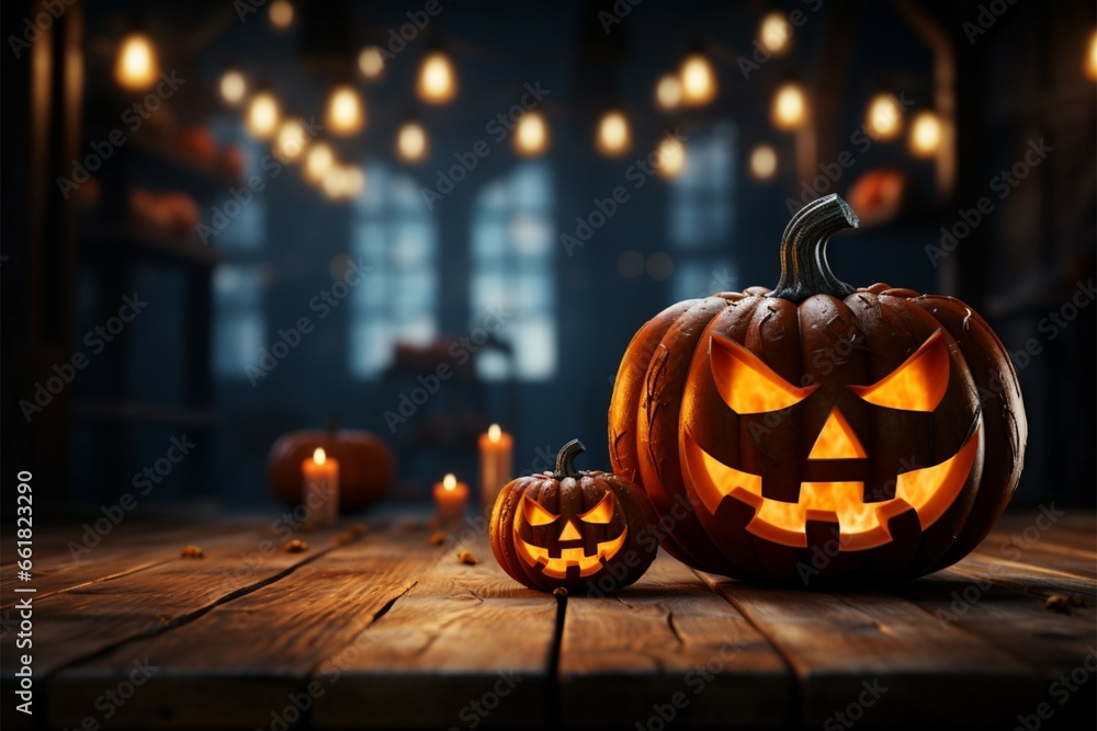 Fototapeta premium A spooky, empty wooden table featuring a classic Halloween jack o lantern