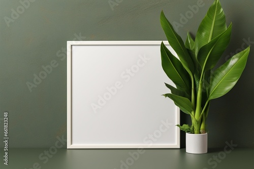 A sleek picture frame and a green banana plant minimalist