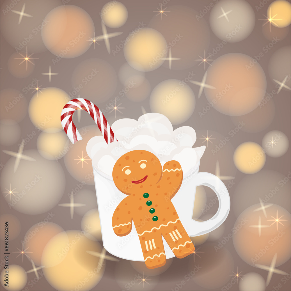 Christmas greeting card background. Gingerbread Man. A white mug of cappuccino coffee with foam, inside is a candy cane with red and white stripes. New Year's brown background with blurry highlights.