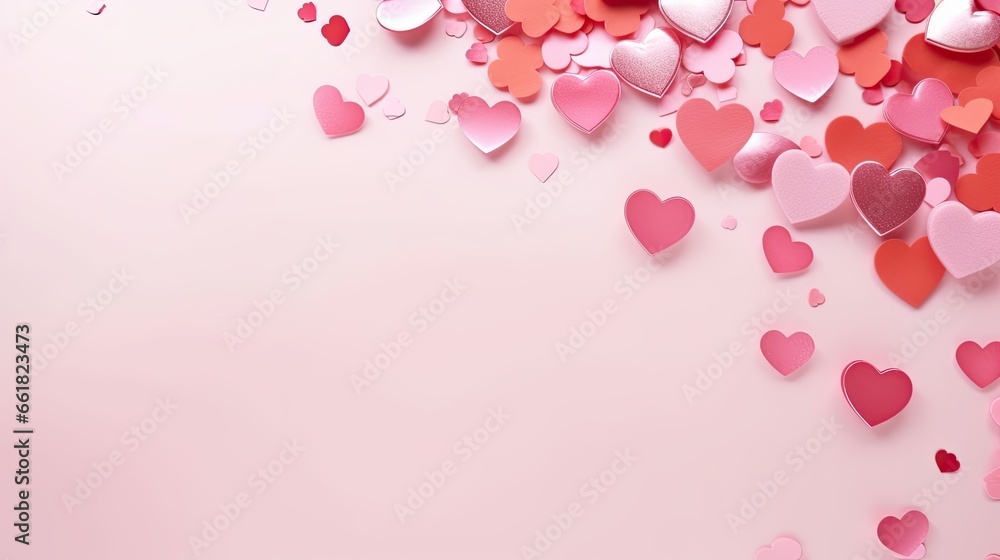 pink background with hearts, valentines day love romantic  illustration with copy space, ai generated