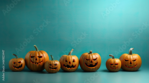 Halloween pumpkins on a cyan background.