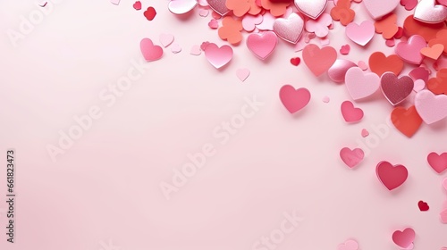 pink background with hearts, valentines day love romantic illustration with copy space, ai generated