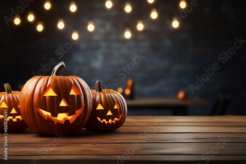 A wooden table with a jack o lantern, setting the Halloween mood
