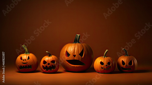 Halloween pumpkins on a dark orange background.