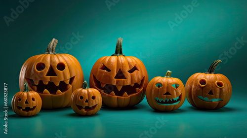 Halloween pumpkins on a dark cyan background.