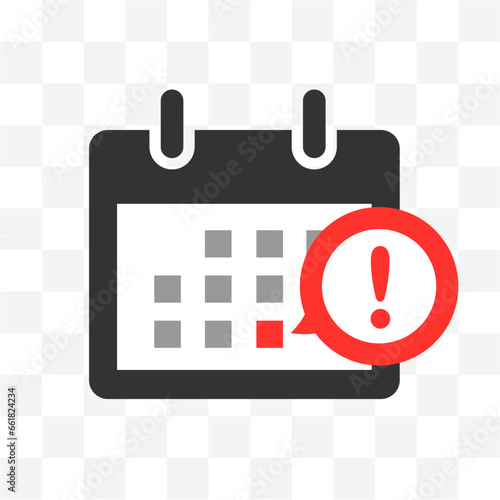 Calendar deadline with exclamation mark. Business, office, home, financial reminder concept. Easily editable line art on transparent background
