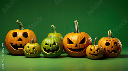 Halloween pumpkins on a vivid green background.