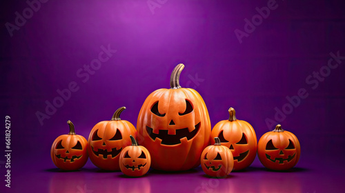 Halloween pumpkins on a vivid purple background.