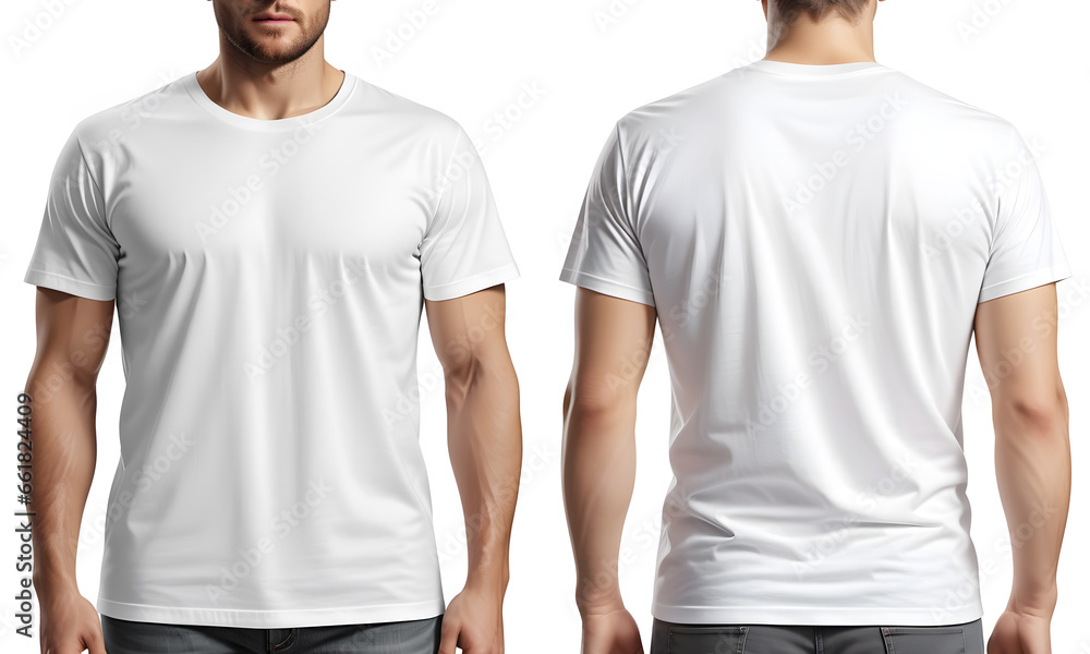 Print design template of muscle man in blank t-shirt from front and rear view isolated on white background - obrazy, fototapety, plakaty 