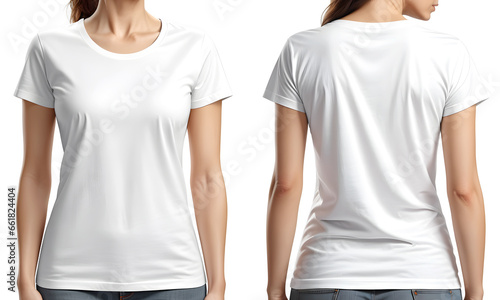 Print design template of young woman in blank t-shirt from front and rear view isolated on white background photo