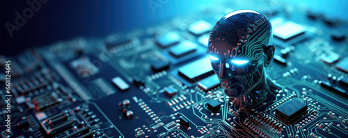 technical electronic circuit computer board with chip and artificial intelligence head face photo