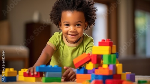 A lifestyle photograph of a young African American toddler playing with colorful wooden block toys, Generative Ai
