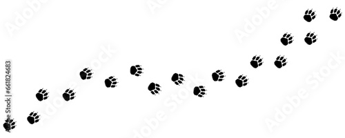 Shaggy dog or puppy path foot prints. Dog paws diagonal track, silhouette. Walking Shepherd, Retriever, Spitz, Chow Chow, Chihuahua, Labrador, Terrier, Beagle, Collie. Dog steps. Vector isolated. Pet.