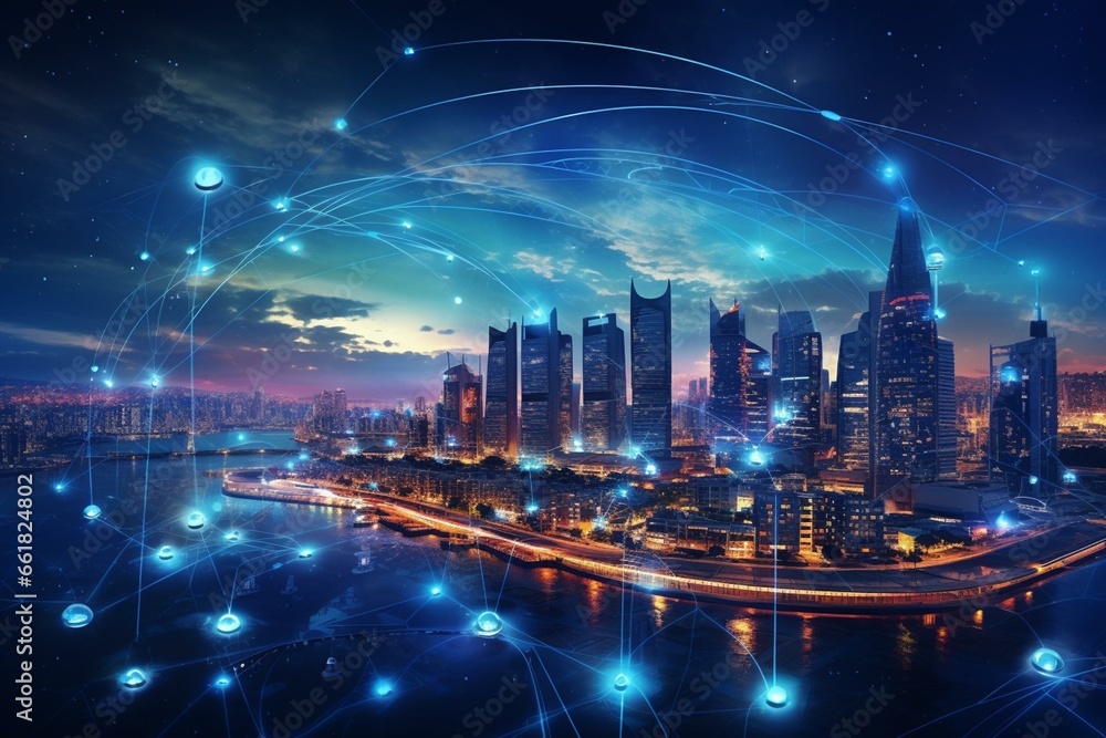 Futuristic cityscape connected by wireless internet, featuring secure data transmission on blockchain network. Generative AI