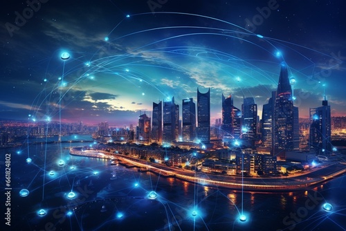 Futuristic cityscape connected by wireless internet  featuring secure data transmission on blockchain network. Generative AI