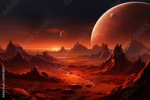 Unknown red planet with craters, mountains, and moons. Extraterrestrial landscape. Generative AI