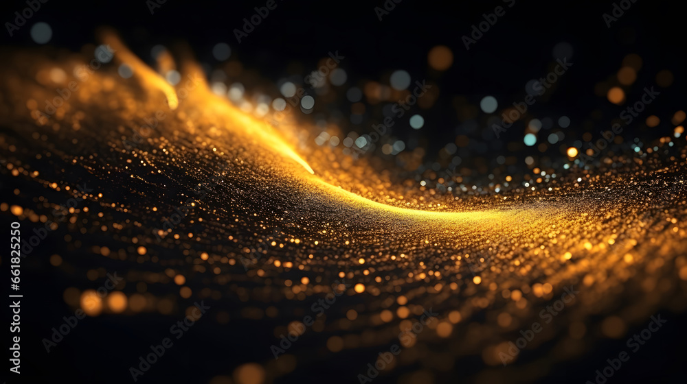 Digital Gold Particles Wave and light abstract background with shining floor particle stars dust. Futuristic glittering Luxury golden sparkling on black background. - obrazy, fototapety, plakaty 