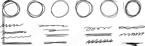 Handy drawn graphic circle, line, doodle, wave, brush set. Handy symbol, icon graphic collection. photo