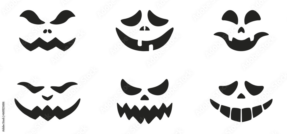 Halloween masks. Funny smiling faces and horrible faces. Faces for pumpkin. Vector decor for holiday Halloween masks. Funny smiling faces and horrible faces. Faces for pumpkin. Vector decor for holiday