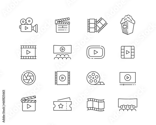 Cinema Film and Video Icon collection containing 16 editable stroke icons. Perfect for logos, stats and infographics. Edit the thickness of the line in Adobe Illustrator (or any vector capable app).